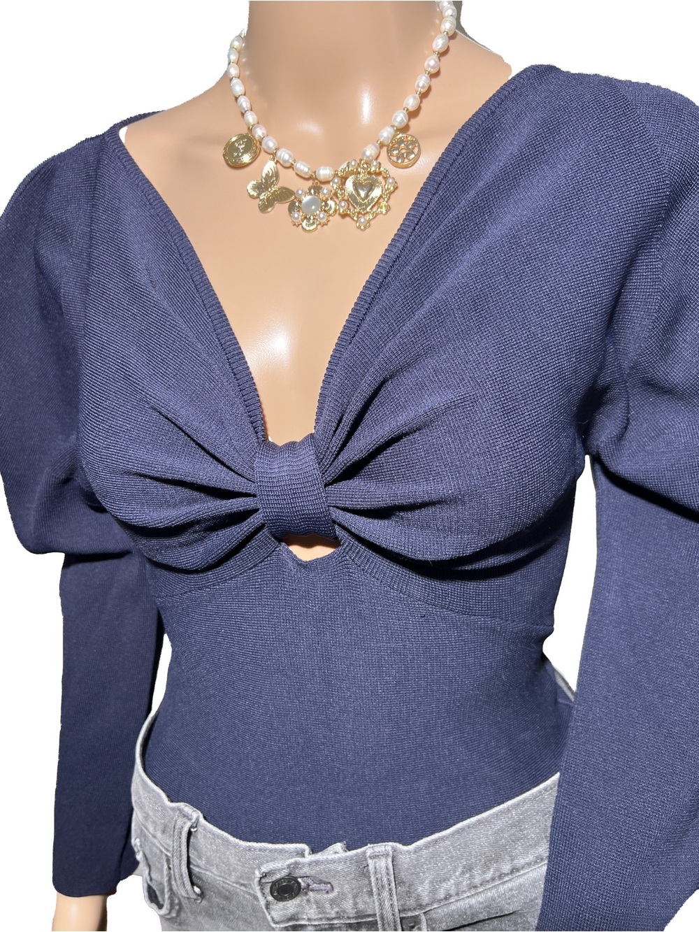 Avec Les Filles Exaggerated Puff Sleeve Front Bow Fitted Sweater